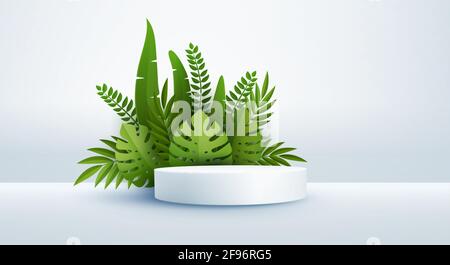 Scena bianca minimale con forme geometriche e foglie di palma verdi. Podio cilindrico su sfondo giallo. Tavola 3D per la visualizzazione di un prodotto cosmetico Illustrazione Vettoriale