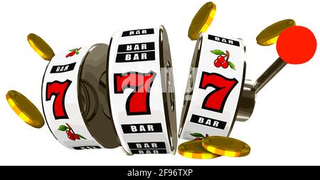 slot machine casino 777 vincere premio fortunati monete d'oro battenti illustrazione Foto Stock