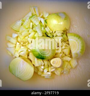 cipolle vegetali bianche tagliate e dimezzate su un tagliere di plastica Foto Stock