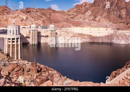 Hoover Dam tra gli stati del Nevada e dell'Arizona, Stati Uniti d'America, Stati Uniti d'America Foto Stock