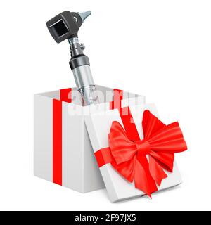 Otoscopio all'interno della confezione regalo, concetto attuale. Rendering 3D isolato su sfondo bianco Foto Stock