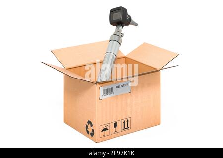 Otoscopio all'interno della scatola di cartone, concetto di consegna. Rendering 3D isolato su sfondo bianco Foto Stock