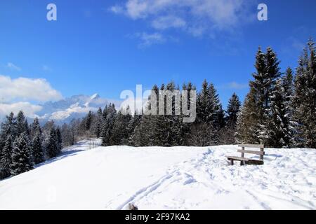 Alberi di abete innevato nella foresta invernale, panca in un paesaggio innevato al contadino d'angolo di fronte all'Alpspitze, che ha acquisito una banda luminosa di nuvole. Inverno a Werdenfelser Land, Europa, Germania, Baviera alta Baviera, Garmisch Partenkirchen, tempo da sogno Foto Stock