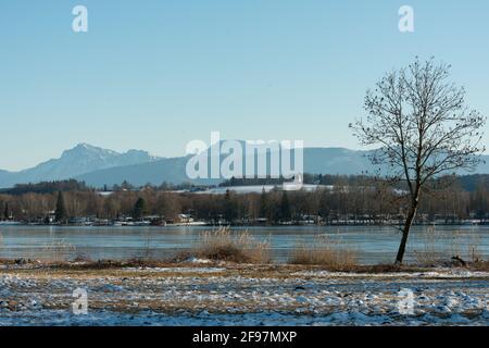 Inverno, tempo, Baviera, waging, lago Tachinger See, Regione di Rupertiwinkel, alta Baviera, ghiaccio, lago ghiacciato Foto Stock