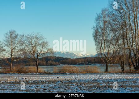 Inverno, tempo, Baviera, waging, lago Tachinger See, Regione di Rupertiwinkel, alta Baviera, ghiaccio, lago ghiacciato Foto Stock