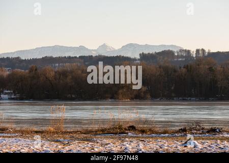 Inverno, tempo, Baviera, waging, lago Tachinger See, Regione di Rupertiwinkel, alta Baviera, ghiaccio, lago ghiacciato Foto Stock