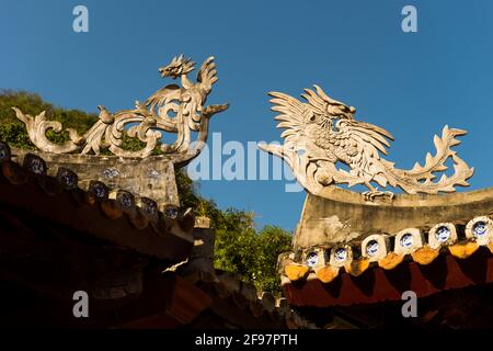 Vietnam, da Nang, montagne di marmo, tetto, dettaglio, drago, Foto Stock