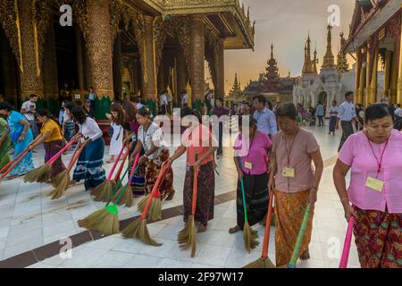 Myanmar, Yangon, la pagoda di Shwedagon, donne, scopa, sweep, Foto Stock
