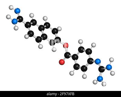 Molecola di farmaco di Nafamostat, illustrazione Foto Stock