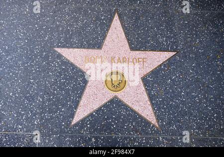 Hollywood, California, USA 14 aprile 2021 UNA visione generale dell'atmosfera dell'attore Boris Karloff's Star sulla Hollywood Walk of Fame il 14 aprile 2021 a Hollywood, California, USA. Foto di Barry King/Alamy Stock foto Foto Stock