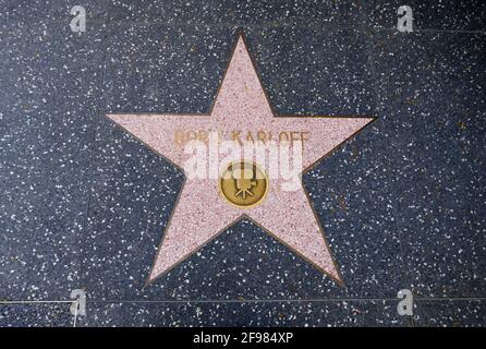 Hollywood, California, USA 14 aprile 2021 UNA visione generale dell'atmosfera dell'attore Boris Karloff's Star sulla Hollywood Walk of Fame il 14 aprile 2021 a Hollywood, California, USA. Foto di Barry King/Alamy Stock foto Foto Stock