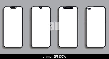 Imposta diversi modelli di smartphone nero con touch screen vuoto isolato su sfondo grigio Illustrazione Vettoriale