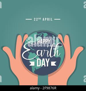 Poster Happy Earth Day, 22 aprile, Globe in mano flat illustrazione banner vettore Illustrazione Vettoriale