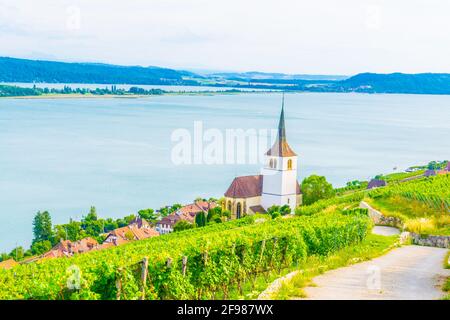 Chiesa di Ligerz in mezzo ai vigneti di Bielersee, Svizzera Foto Stock