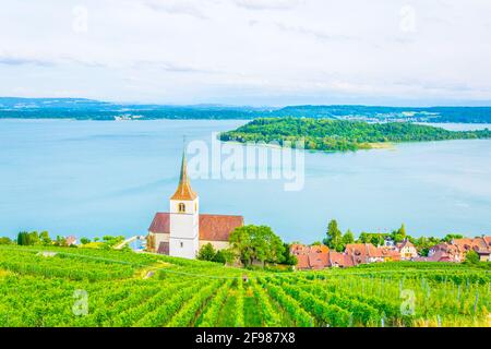 Chiesa di Ligerz in mezzo ai vigneti di Bielersee, Svizzera Foto Stock