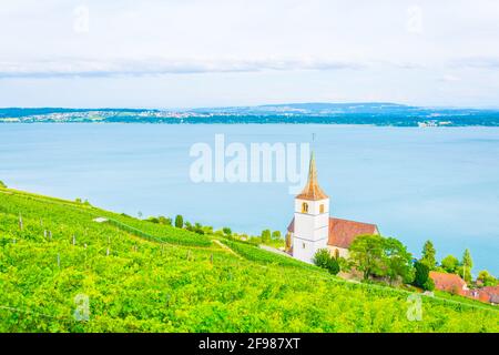 Chiesa di Ligerz in mezzo ai vigneti di Bielersee, Svizzera Foto Stock