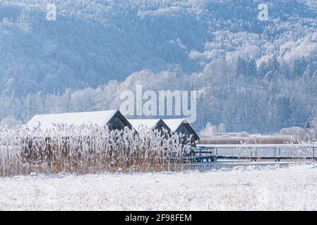 Una magica mattinata invernale alle boathouses di Schlehdorf am Kochelsee, Baviera, con brina, sole, nebbia e neve fresca caduta. Foto Stock