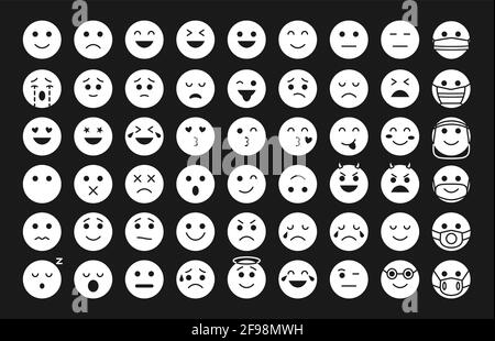 Set di divertenti icone emoji dalla silhouette bianca. Ottimo per effetto glitch. Simbolo dell'emozione del viso o dell'umore per l'app di chat o il Web. Occhi neri e linee sorridenti. Emoticon in maschera. Illustrazione vettoriale isolata Illustrazione Vettoriale