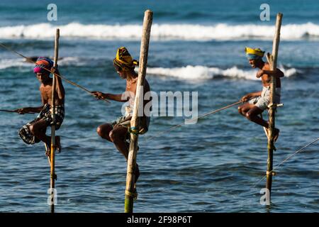 Sri Lanka, Koggala, pescatori di palafitte Foto Stock