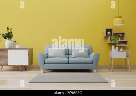 Moderno soggiorno interno con divano e piante verdi, lampada, tavolo su sfondo giallo illuminante parete. rendering 3d Foto Stock