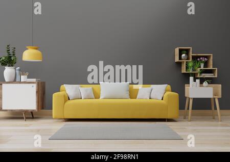 Interni moderni del soggiorno con divano luminoso giallo e verde Piante,lampada,tavolo su fondo grigio estremo.rendering 3D Foto Stock