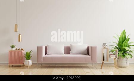 Parete interna mockup con parete bianca vuota, divano rosa su legno pavimento e parete bianca, rendering 3d Foto Stock