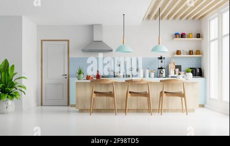 Interni con cucina moderna con mobili. Interni eleganti con pareti bianche.3D Rendering Foto Stock