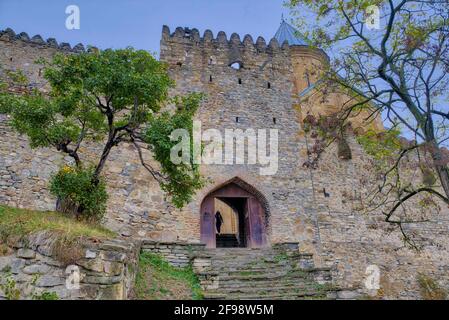 Non puoi saltare il castello di Ananuri durante il tragitto verso la città di Kazbegi. Questo complesso sul fiume Aragvi è uno dei monumenti meglio protetti della Georgia. Foto Stock