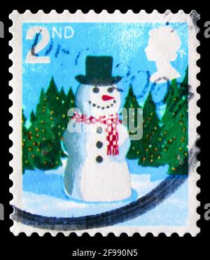 MOSCA, RUSSIA - 4 NOVEMBRE 2019: Francobollo stampato nel Regno Unito mostra Snowman S/A, serie di Natale, circa 2006 Foto Stock