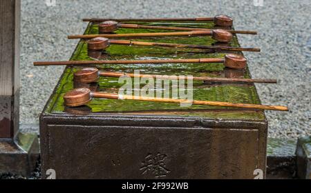 La purificazione rituale fontana a un tempio giapponese Foto Stock