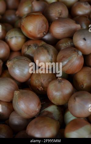 Un mucchio di cipolle nel mercato di Rawamangun. Foto Stock