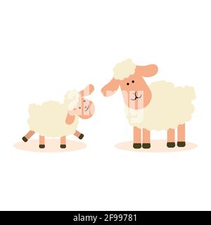 Una pecora con un agnello su uno sfondo bianco isolato. Immagine piatta vettoriale Illustrazione Vettoriale