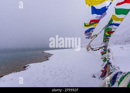 Snowy Chandratal o Lago della luna è un lago di alta altitudine situato a 4300m in Himalaya di Valle di Spiti, Himachal Pradesh, India. Il nome del lago Foto Stock