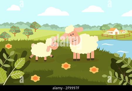 Una pecora con un agnello sullo sfondo di un paesaggio rurale in stile piatto. Illustrazione vettoriale Illustrazione Vettoriale