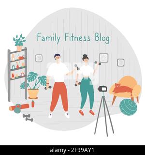 Fitness blog. I formatori registrano video per i loro seguaci. Concetto di allenamento remoto. Gli sportivi si allenano e registrano video sulla fotocamera. Vettore cartoon Illustrazione Vettoriale