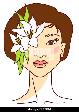 Modern Beauty ritratto asiatico con fiori sul viso. Donna con giglio bianco. Illustrazione vettoriale doodle stile linea Illustrazione Vettoriale
