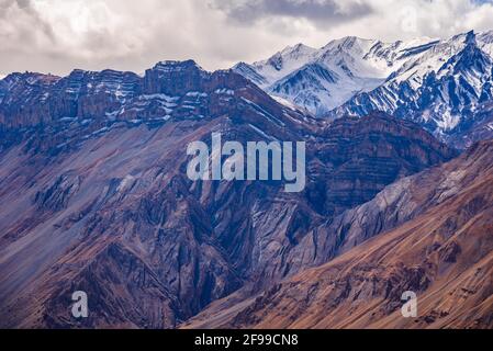 Le montagne di piega di Himalaya si formano quando due piastre tettoniche si muovono l'una verso l'altra al confine convergente della piastra, forze responsabili della formazione di piegatura Foto Stock