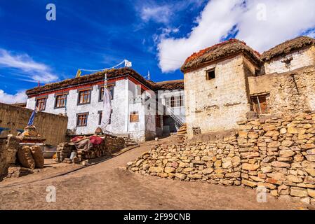 Hikkim è uno dei più alti luoghi abitati tutto l'anno in India con residenza di case di arctectura Spiziana del popolo buddista tibetano, questo v Foto Stock