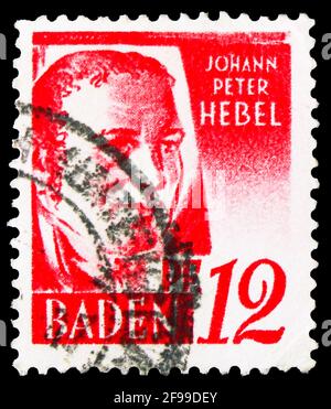MOSCA, RUSSIA - 4 NOVEMBRE 2019: Francobollo stampato in Germania mostra Johann Peter Hebel, zona francese - serie Baden, circa 1948 Foto Stock