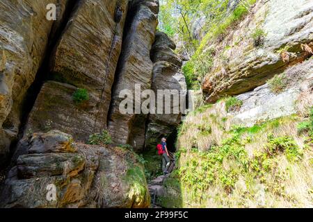 Escursionisti allo Schrammsteinen in Svizzera sassone, Sassonia, Germania Foto Stock