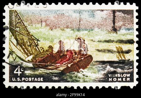 MOSCA, RUSSIA - 4 NOVEMBRE 2019: Francobollo stampato negli Stati Uniti mostra Winslow Homer: 'Breezing Up', Winslow Homer serie di edizione, circa 1962 Foto Stock