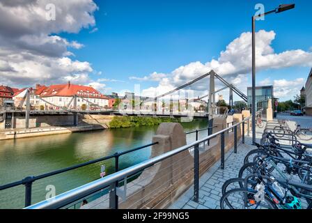 Nuovo Ponte delle catene, canale principale del Danubio, vista di Gärtnerstadt, architettura, Bamberga, Franconia, Baviera, Germania, Europa Foto Stock