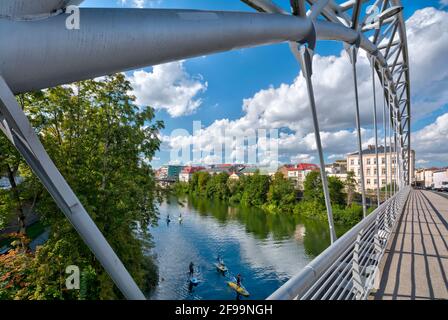 Luitpoldbrücke, ponte stradale, canale meno-Danubio, vista su Gärtnerstadt, architettura, Bamberga, Franconia, Baviera, Germania, Europa Foto Stock