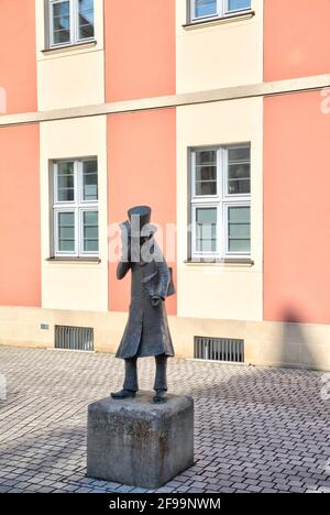 Statua, ETA Hoffmann, Theatreplatz, facciata della casa, facciata, Architettura, decorativa, Bamberga, Franconia, Baviera, Germania, Europa Foto Stock