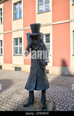 Statua, ETA Hoffmann, Theatreplatz, facciata della casa, facciata, Architettura, decorativa, Bamberga, Franconia, Baviera, Germania, Europa Foto Stock