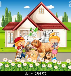 Scena all'aperto con gruppo di animali domestici e bambini illustrazione Illustrazione Vettoriale