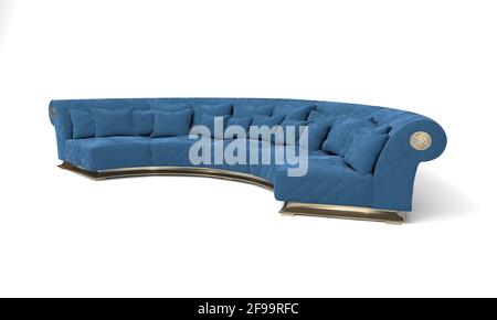 Moderno divano ad angolo blu con rendering 3D su sfondo bianco Foto Stock