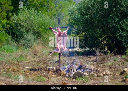 Agnello intero asado, barbecue su croce di ferro spiedo accanto al fuoco aperto in Altea la Vella, Alicante, Spagna Foto Stock