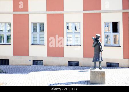 Statua, ETA Hoffmann, Theatreplatz, facciata della casa, facciata, Architettura, decorativa, Bamberga, Franconia, Baviera, Germania, Europa Foto Stock