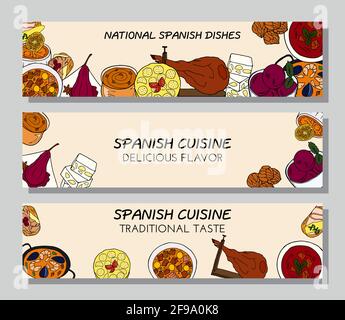 Set di poster disegnati a mano con piatti della cucina tradizionale spagnola e dessert. Design elemento di schizzo per menu cafe, bistrot, ristorante, panetteria e packagin Illustrazione Vettoriale